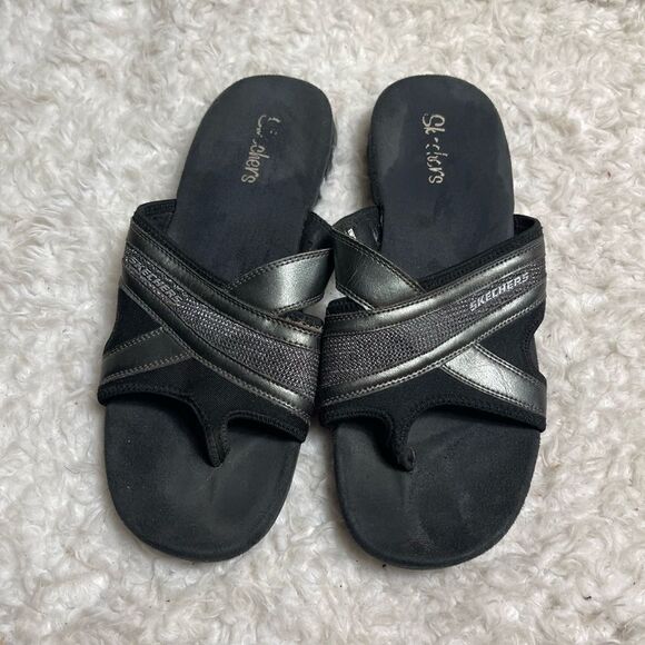 Skechers black & metallic gray slip on thong sandals rubber soles size 11. - Picture 5 of 10